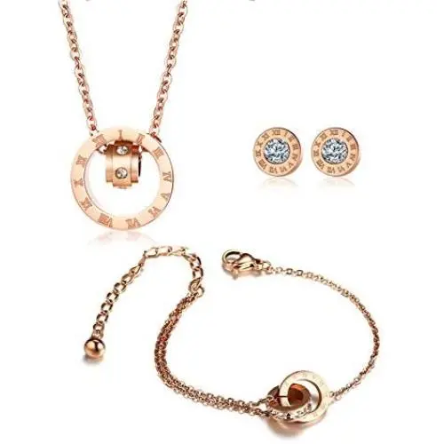 VNOX Jewelry Set Stainless Steel CZ Roman Numeral Interlocking Two-Circles Bracelet Necklace Stud Earrings for Women Girls,Bridal and Bridesmaid Accessories VNOX Jewelry Set Stainless Steel CZ Roman Numeral Interlocking Two-Circles Bracelet Necklace Stud Earrings for Women Girls,Bridal and Bridesmaid Accessories