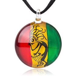 SUVANI Hand Blown Glass Jewelry Happy Rastafari Reggae Bendera Round Pendant Necklace, 18-20''