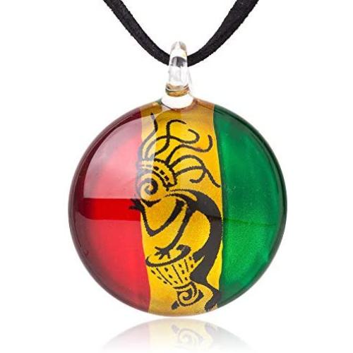 SUVANI Hand Blown Glass Jewelry Happy Rastafari Reggae Bendera Round Pendant Necklace, 18-20''