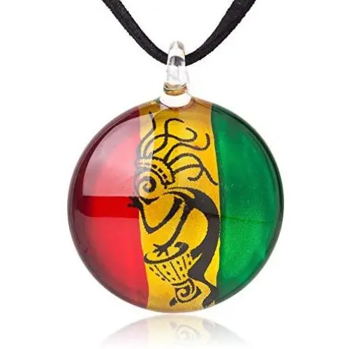 SUVANI Hand Blown Glass Jewelry Happy Rastafari Reggae Bendera Round Pendant Necklace, 18-20'' SUVANI Hand Blown Glass Jewelry Happy Rastafari Reggae Bendera Round Pendant Necklace, 18-20''