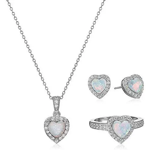 .925 Sterling Silver Gemstone and White Sapphire Halo Heart Pendant Necklace, Stud Earrings, and Size 7 Ring Set - Choice of Birthstone Colors