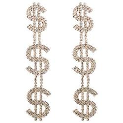Dollar Sign Money Symbol Crystal Drop Dangle Statement Earrings Bold Fashion Jewelry