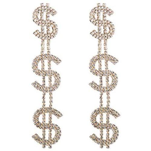 Dollar Sign Money Symbol Crystal Drop Dangle Statement Earrings Bold Fashion Jewelry