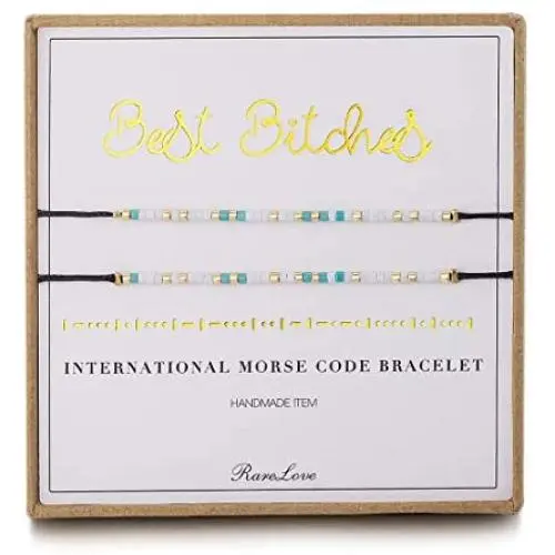 2 Pieces Best Bitches Friendship Morse Code Bracelet Inspiration Best Friends Gift For 3 Blue White Tiny Pony Seed Beads Black String Bracelets