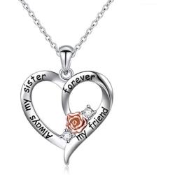 Sister Gift 925 Sterling Silver Always My Sister Forever My Friend Love Heart Engraved Sister Necklace, 18 inches