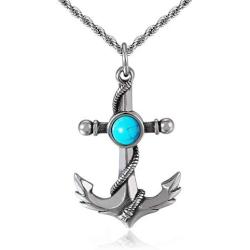ZiWuark Mens Anchor Necklace Pendant Stainless Steel Turquoise Necklaces Nautical Anchor Pendant Jewelry For Men Women Boyfriend With 24 Inches Chain