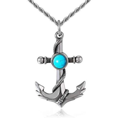 ZiWuark Mens Anchor Necklace Pendant Stainless Steel Turquoise Necklaces Nautical Anchor Pendant Jewelry For Men Women Boyfriend With 24 Inches Chain