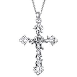 Cross Necklace 925 Sterling Silver Rose Crose Pendant Necklace Cross Necklace for Women