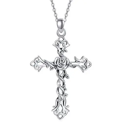 Cross Necklace 925 Sterling Silver Rose Crose Pendant Necklace Cross Necklace for Women Cross Necklace 925 Sterling Silver Rose Crose Pendant Necklace Cross Necklace for Women