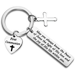 WUSUANED First Communion Keychain May You Always Know The Peace of Jesus Baptism Gift Christian Cross Jewelry Holy Communion Gift