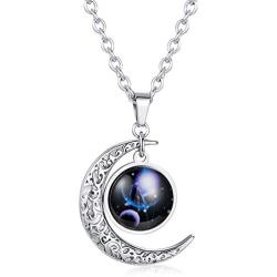INRENG Stainless Steel Crescent Moon 12 Constellation Zodiac Sign Luminous Pendant Necklace Glow in The Dark