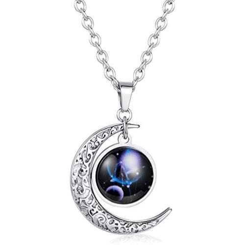 INRENG Stainless Steel Crescent Moon 12 Constellation Zodiac Sign Luminous Pendant Necklace Glow in The Dark
