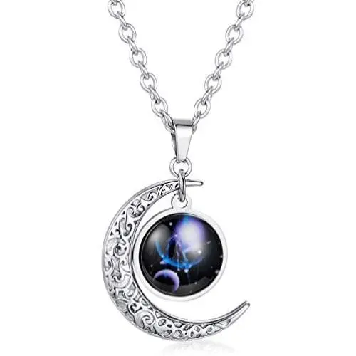 INRENG Stainless Steel Crescent Moon 12 Constellation Zodiac Sign Luminous Pendant Necklace Glow in The Dark INRENG Stainless Steel Crescent Moon 12 Constellation Zodiac Sign Luminous Pendant Necklace Glow in The Dark