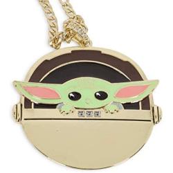 Toynk Star Wars The Mandalorian Baby Yoda in Gold Chain Carriage Necklace Jewelry with Magnetic Lid for Decoration - Durable Unique Metal Base Pendant with Colored Enamel Inlay for Adult, Women, Men