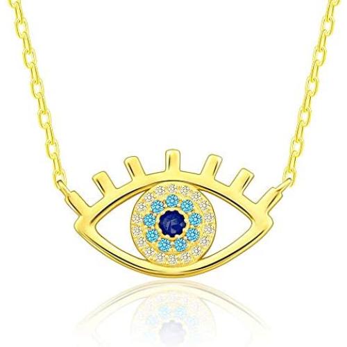 Evil Eye Necklace with 925 Sterling Silver Inside Rose Gold White Gold 14K Gold Plated Good Luck Pendant Necklace Cute Blue Sparkling CZ Cubic Zirconia Jewelry Gift for Woman Girls