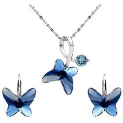EleQueen 925 Sterling Silver Butterfly Bridal Necklace Leverback Earrings Set Denim Blue Made with Crystals