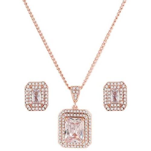 Miss Rabbit Elegant Women Wedding CZ Jewelry Set with Square Crystal Earrings & Necklace, Good for Gifts and Every Day Wear