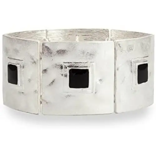 LookLove Womens Jewelry Hand Crafted Hammered Silver and Black Stretch Bracelet, Statement Bracelet