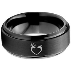 Hunter Celtic Spiritual Deer Antler Heart Ring - Tungsten Band 8mm - Men - Women - 18k Rose Gold Step Bevel Edge - Yellow - Grey - Blue - Black - Brushed - Polished - Wedding - Gift Dome Flat Cut