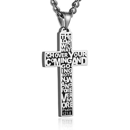 HZMAN Religion Psalm 121:8 Stainless Steel Jesus Christ Crucifix Cross Lords Prayer Pendant Necklace