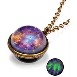 XUN Zhe Fashion Universe Galaxy Nebula Space Cosmos Glass Ball Pendant Necklace Nebula Double Sided Pendant Outer Space Necklace Jewelry for Women Teen Girls