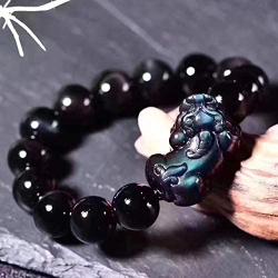 AMTOOCH Feng Shui Bracelet Black Obsidian 14mm Rainbow Eye Stone Bead Hand Carved pixiu/Pi Yao Attract Good Luck and Wealth Money for Mens and Womens