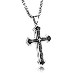 Three Layered Cross Necklace for Men Boys with English Bible Verse Crucifix Our Father Lords Prayer Stainless Steel Black Pendant Religious Christ Faith Fashion Chain Jewelry 23.6''