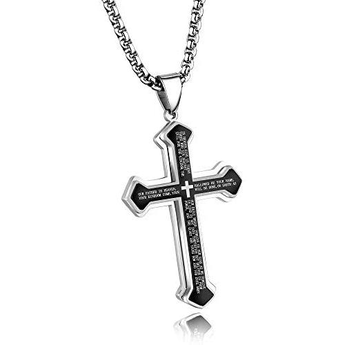 Three Layered Cross Necklace for Men Boys with English Bible Verse Crucifix Our Father Lords Prayer Stainless Steel Black Pendant Religious Christ Faith Fashion Chain Jewelry 23.6''