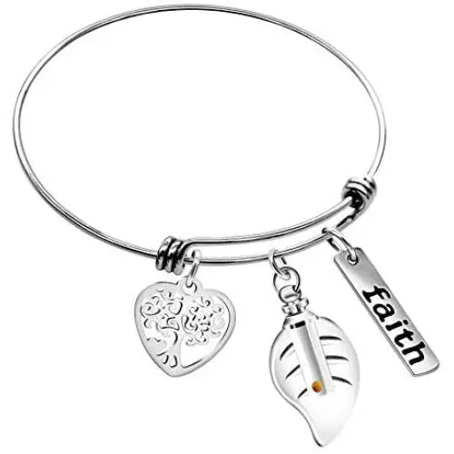 Uloveido Mustard Seed Faith Tree Bangle Bracelet, Stainless Steel, with Glass Charm Bottle Case Y757 Uloveido Mustard Seed Faith Tree Bangle Bracelet, Stainless Steel, with Glass Charm Bottle Case Y757