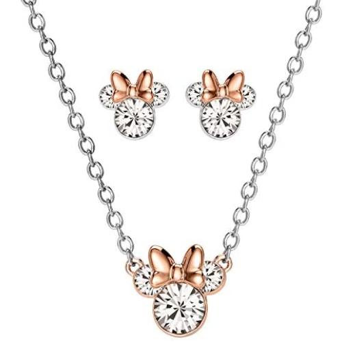 Disney Minnie Mouse Crystal Stud Earrings and Necklace Silver Plated Jewelry Set
