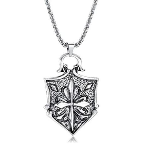 FIBO STEEL Vintage Cross Pendant Necklaces Punk Accent Shield Ring Ankh Cross Necklace for Men Women Stainless Steel Rolo Chain Mens Crucifix Necklace Jewelry Gift