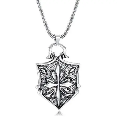 FIBO STEEL Vintage Cross Pendant Necklaces Punk Accent Shield Ring Ankh Cross Necklace for Men Women Stainless Steel Rolo Chain Mens Crucifix Necklace Jewelry Gift