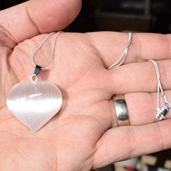 Zenergy Gems Charged Natural Himalayan Gemstone Crystal Puffy Heart Pendant Necklace + 20'' Silver Chain + Selenite Charging Heart [Included]