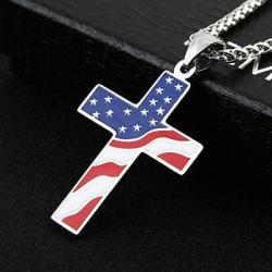 Cross Pendant American Flag Patriotic Cross Religious Jewelry Enamel Pendant Necklace Tribal Charm Geometric Necklace Metal Clavicle Punk Fashion Street Necklace for Women Girls Men