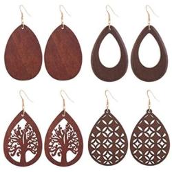 2-4 Pairs Handmade Natural Wooden Teardrop Earrings Geometric Lightweight Tree of Life Water Drop Earrings Set for Women Wood Ear Jewelry