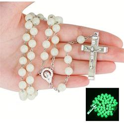 Pingyongchang Glow in The Dark Rosary Luminous Necklace Glow in The Dark Cross Y Necklaces Catholic Round Beads Religious Jesus Crucifix Rosary Chains for Women Girls Men Boy