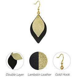 missaqua Leather Earrings Layered Metallic Genuine Leather Leaf Dangle Drop Earrings for Women