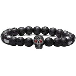Nsitbbuery Fashion Crystal Eye Skull Bracelet 8MM Lava Rock Bead Bracelet