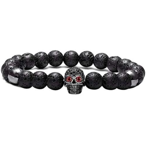 Nsitbbuery Fashion Crystal Eye Skull Bracelet 8MM Lava Rock Bead Bracelet