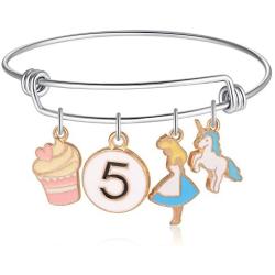 Aesnefe Unicorn CupCupcake Charm Bracelet Birthday Number Necklace with 3rd 4th 5th 6th 7th 8th 9th Birthday Gifts for Girls Kids 2 Packs