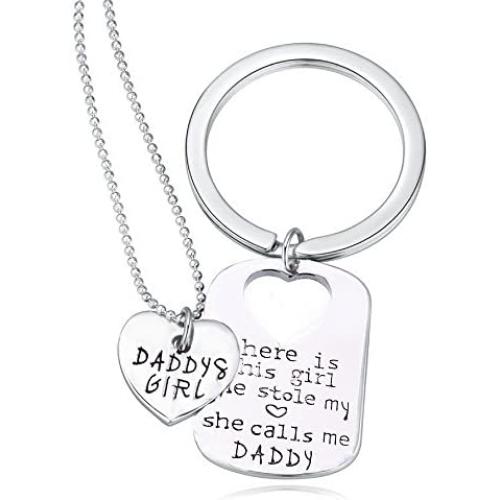 Daddys girl Stainless Steel Heart Pendant Necklace & Keychain - Father Daughter Set - Best Family Gift