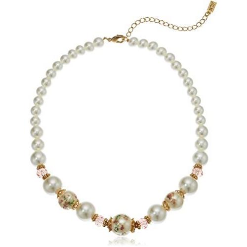 1928 Jewelry Womens Gold Tone Flower Decal Pearls w Graduated Pearl Strand Necklace, Mutli, 16