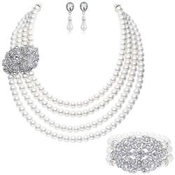 BABEYOND 1920s Gatsby Pearl Necklace Vintage Bridal Pearl Necklace Earrings Jewelry Set Multilayer Imitation Pearl Necklace with Brooch