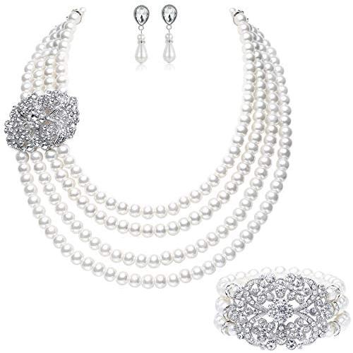 BABEYOND 1920s Gatsby Pearl Necklace Vintage Bridal Pearl Necklace Earrings Jewelry Set Multilayer Imitation Pearl Necklace with Brooch