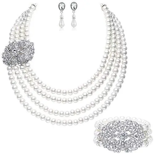BABEYOND 1920s Gatsby Pearl Necklace Vintage Bridal Pearl Necklace Earrings Jewelry Set Multilayer Imitation Pearl Necklace with Brooch BABEYOND 1920s Gatsby Pearl Necklace Vintage Bridal Pearl Necklace Earrings Jewelry Set Multilayer Imitation Pearl Necklace with Brooch