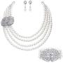 BABEYOND 1920s Gatsby Pearl Necklace Vintage Bridal Pearl Necklace Earrings Jewelry Set Multilayer Imitation Pearl Necklace with Brooch