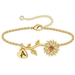 Anoup Initial Sunflower Bracelets for Girls Women, 14k Gold Plated Sunflower Bracelets Initial Bee Sunflower Charm Bracelets Sunflower Jewelry Sunflower Gifts for Girls Women Gold White Gold