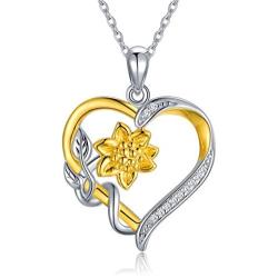 Nature Diamond Sunflower Heart Necklace for Women Sterling Silver, You are My Sunshine Anniversary Jewelry for Wife/ Girlfriend, Love Gifts for Her (0.11ct) 16''-18''