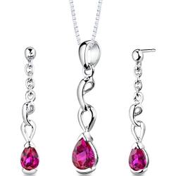 Peora Created Ruby Earrings Pendant Necklace Jewelry Set in Sterling Silver, Dainty Dangling Teardrop, Pear Shape, 1.75 Carats total, with 18 inch Chain