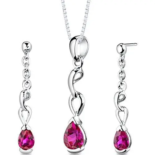 Peora Created Ruby Earrings Pendant Necklace Jewelry Set in Sterling Silver, Dainty Dangling Teardrop, Pear Shape, 1.75 Carats total, with 18 inch Chain Peora Created Ruby Earrings Pendant Necklace Jewelry Set in Sterling Silver, Dainty Dangling Teardrop, Pear Shape, 1.75 Carats total, with 18 inch Chain